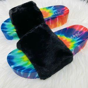 Platform Tie Dye Fuzzy Black Fur Slides Slippers 7